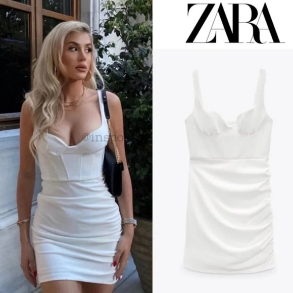 Zara White Sweetheart Neck Draped Corset Sleeveless Bodycon Mini Dress Size M - Picture 1 of 8